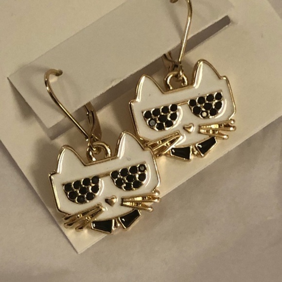 Karl Lagerfeld black white gold plated choupette cat dangling latchback earrings - Picture 2 of 7